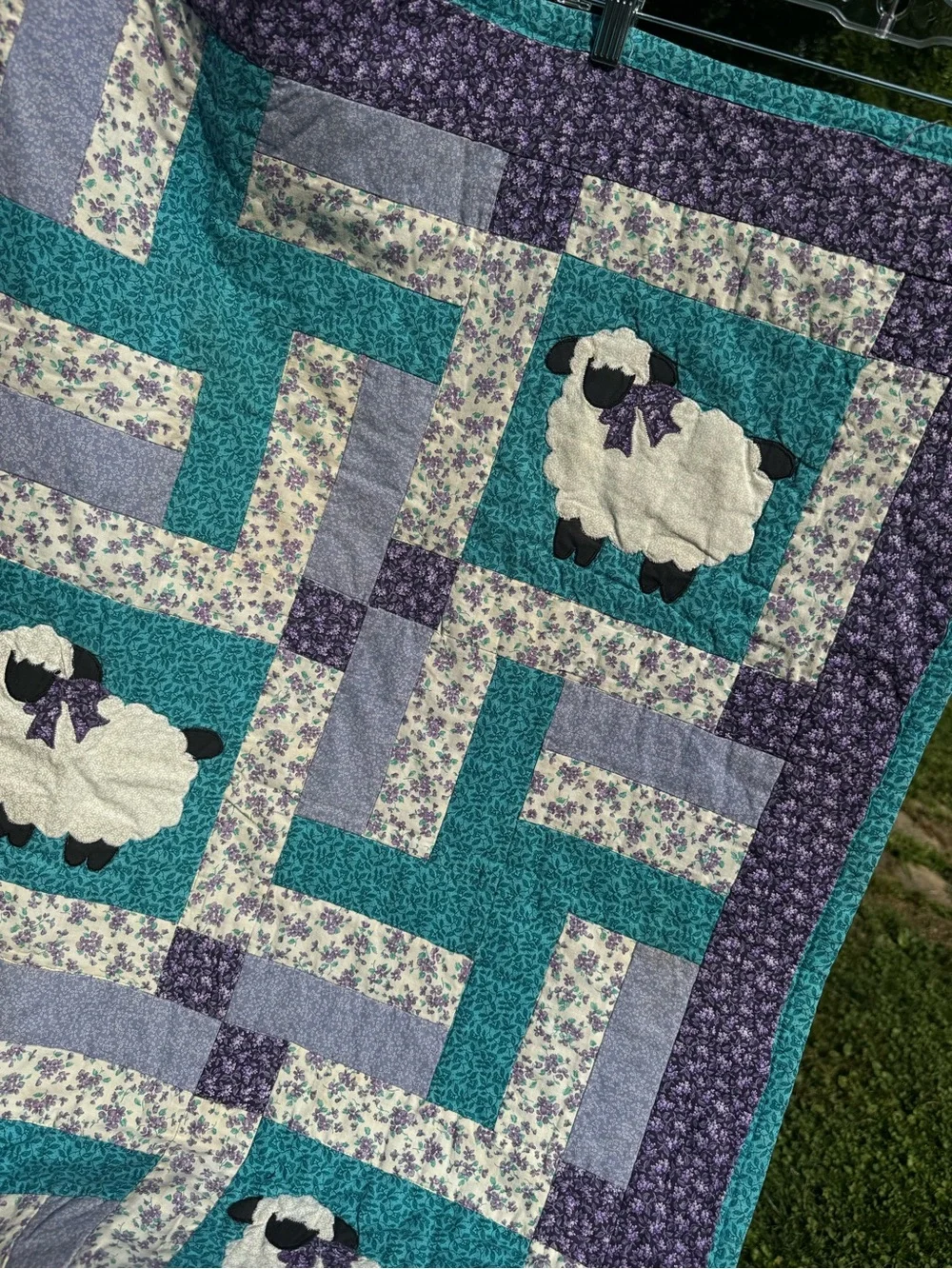Handmade Vintage Lamb & Pinwheel Patchwork Baby Crib Quilt 39” x 39”